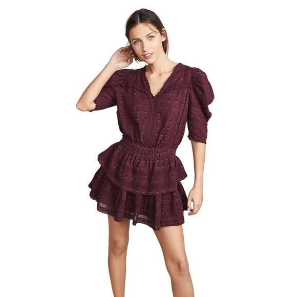 LoveShackFancy Marissa Plum Floral Embroidered Puff Sleeve V-Neck Mini Dress S